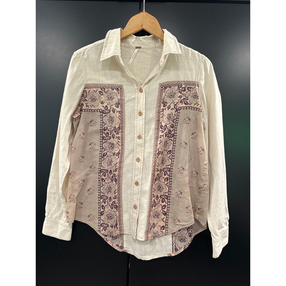 Free People Mixed Print Floral Button Down Shirt Cream Purple Boho XS